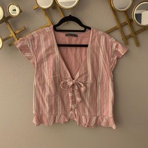Abercrombie & Fitch Pink and White Striped Blouse with Ruffle Trim and Bow
